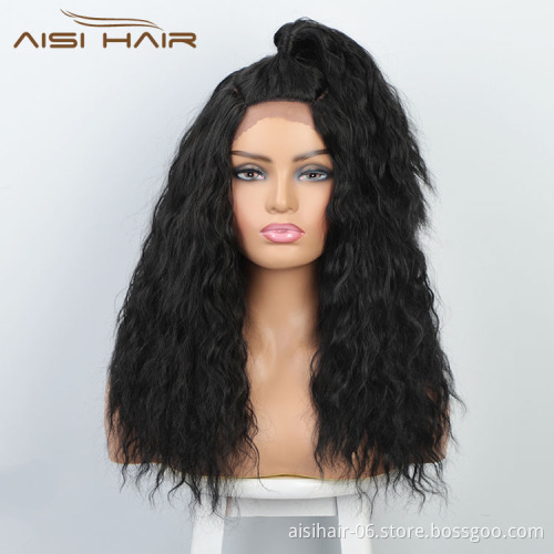 Aisi Hair New Design Long Wavy Natural Black Wig With Ponytail Swiss Lace Wig Body Wave Synthetic Hair Wigs For Women